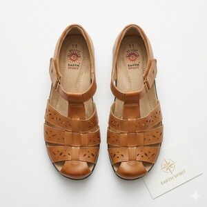 EARTH SPIRIT womens hook & loop flats brown faux leather casual shoes size 11 M